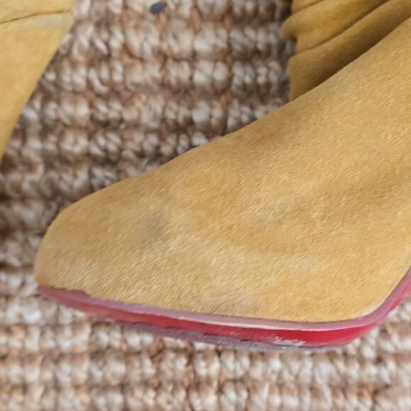 CHRISTIAN LOUBOUTIN Yellow Suede Mid-Calf Ruched Stiletto Round Toe Boots 38 - Picture 6 of 10